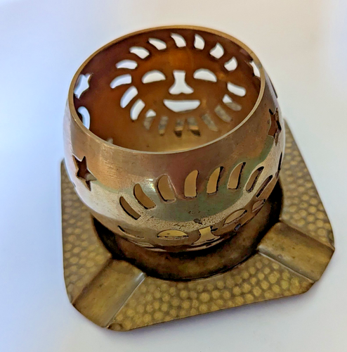 Vintage round Brass Star Cut Tea Light Candle Holder celestial with brass tray - Picture 2 of 4