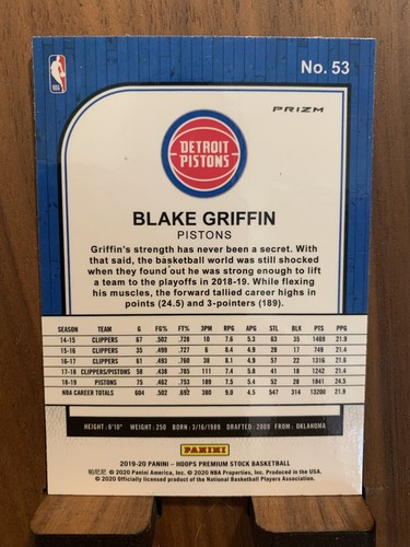 2019-20 Panini NBA Hoops Premium Stock - Blake Griffin #53 Green Prizm - Picture 2 of 2