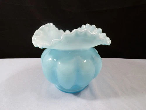 Fenton Blue Overlay Glass Melon Large Rose Bowl Vase