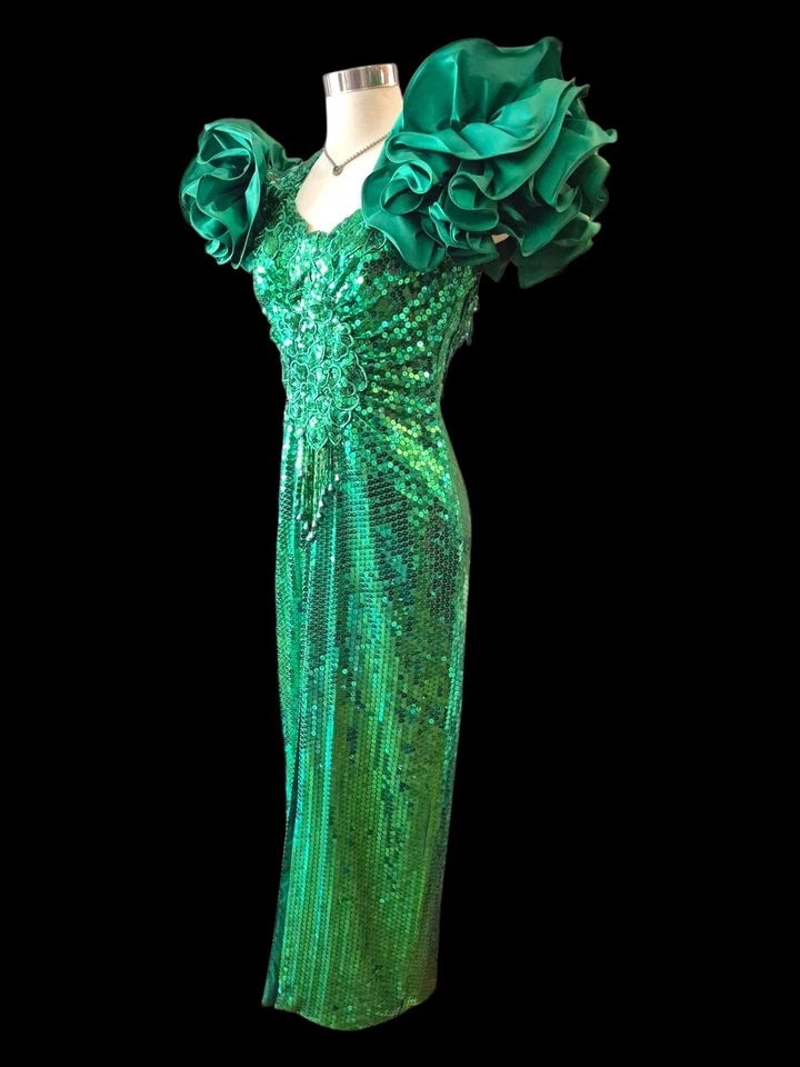 Vestido Largo de Lentejuelas Verdes Años 80 De Colección Talla S Volantes Concurso Cerradura Cuentas Floral Formal Foto 3 de 4