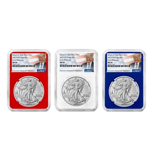 2023 (W) $1 American Silver Eagle 3pc Set NGC MS69 ER Trump Label Red White Blue