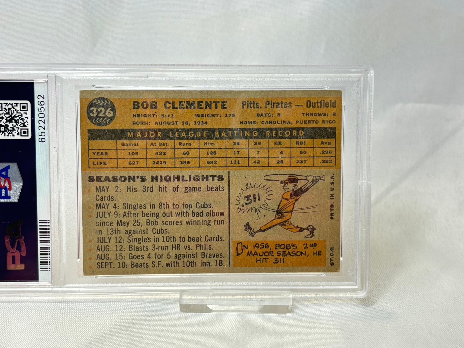 1960 Topps BOB CLEMENTE Baseball Card #326 PSA 3 view 4