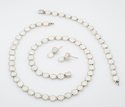 950 STERLING WEISSER FEUEROPAL KREISE HALSKETTE OHRRINGE ARMBAND SET SCHMUCK 