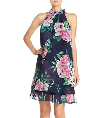 Eliza J Navy Blue Floral Print Tiered Chiffon Halter Swing Shift Dress Size  14 | eBay