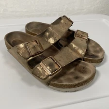Birkenstock Arizona Suede Leather Sandals in Vintage Metallic Rose Copper Sz 38N