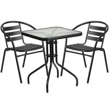 Flash 23.5'' Square Glass Metal Table, 2 Black Metal Aluminum Slat Stack Chairs