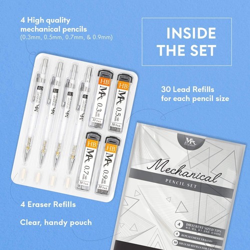 MozArt Mechanical Pencil Set with Case -4 Sizes: 0.3, 0.5, 0.7 & 0.9mm (PK OF 2) - Picture 3 of 8