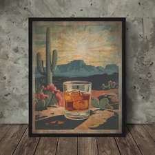 Vintage WHISKEY Western Wall Art, Cactus Botanical Bourbon Poster, Scotch Sunset