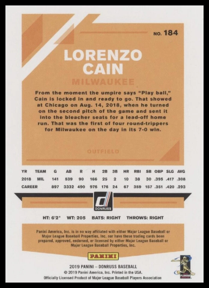 #184 Lorenzo Cain 2019 Donruss #/490 Career Stat Line - Image 2 of 2