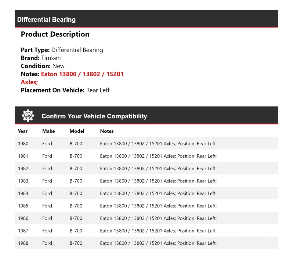 For 1980-1988 Ford B-700 Differential Bearing Rear Left Timken 1981 1982 1983 - Image 2 of 4