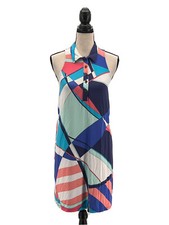 Tori Richard Womens Dress Blue Small Geometric A Line Sleeveless Collared