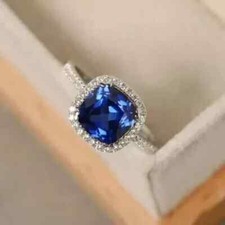 2Ct Cushion Cut Simulated Sapphire Women's Engagement Ring 14K White Gold Plated