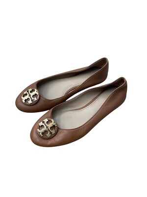 Tory Burch Women s Claire Ballet Flat Shoes Tumbled Leather Brown Size 8.5