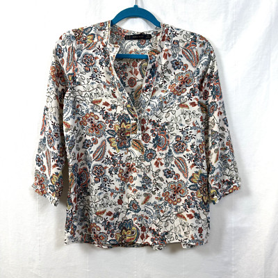 Zara Basic Tunic Women Sz XS Floral 3/4 Sleeve V-Neck Button Detail Pullover Top