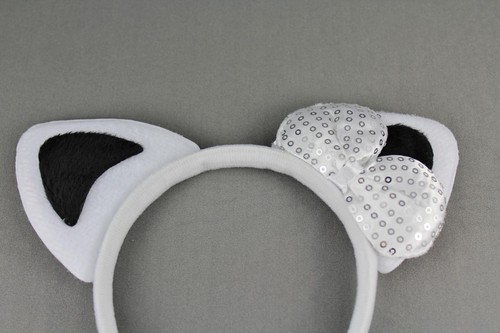 White Black soft faux fur furry cat kitten ears headband hair band costume - Picture 2 of 7