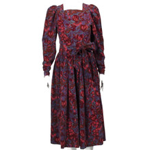 Vtg LAURA ASHLEY Floral Corduroy Purple Tie Belt 80s Modest Tea Dress sz 8 /379