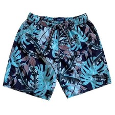 Caribbean Joe Mens Tropical Leaf Swim Trunks Blue Navy Mauve Size M Drawstring