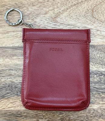 Fossil Red Leather Key ID Card Coin Purse/Wallet Spring Frame Clasp EUC