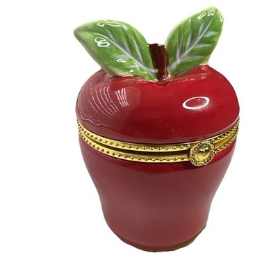 Giftcraft Ceramic Red Apple Hinged Trinket Box 5  Tall Country Rustic