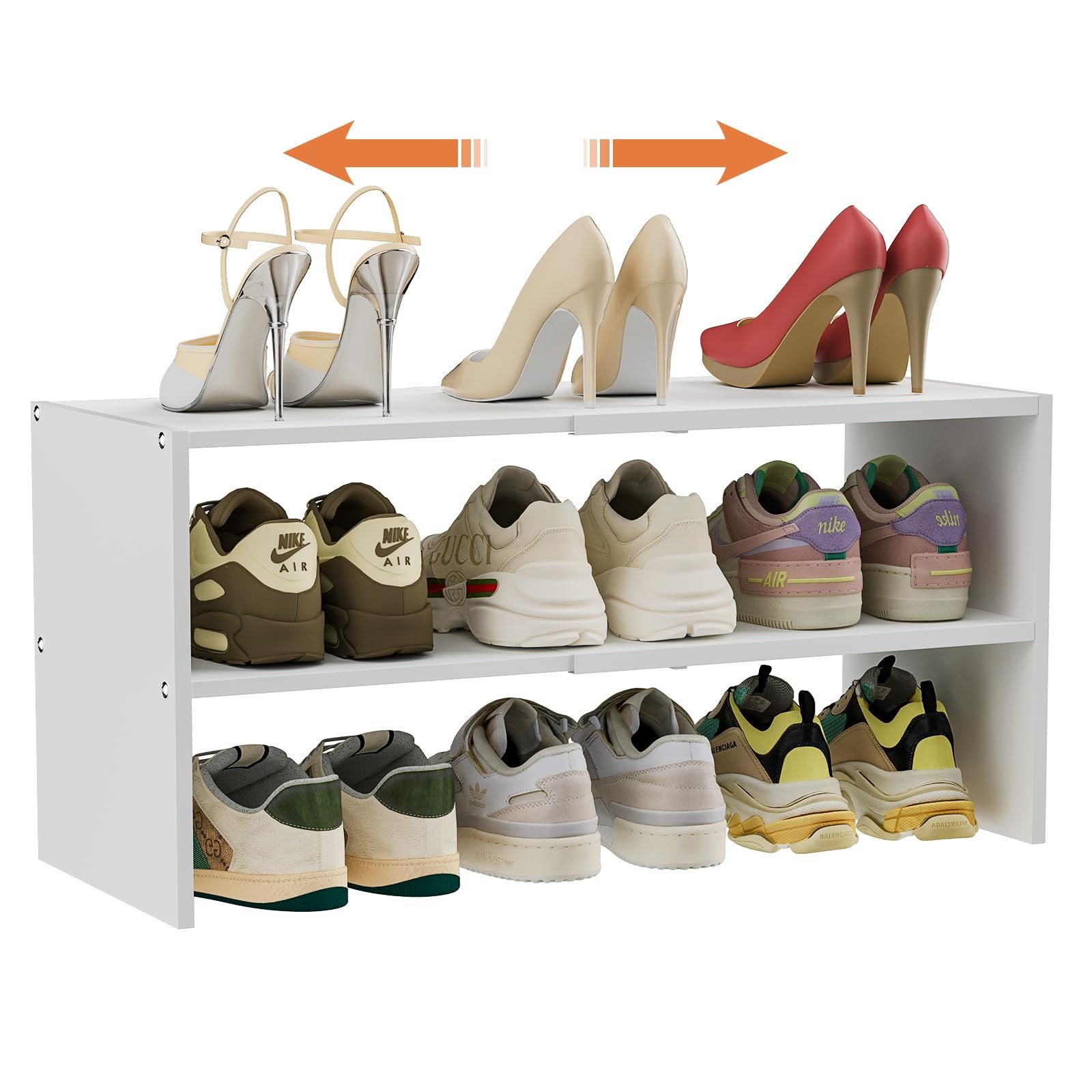 2-Tier White Expandable Shoe Rack Organizer for Closet, Stackable Shelf