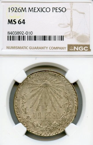 MEXICO 1 PESO SILVER 1926-M MS-64 NGC NICE