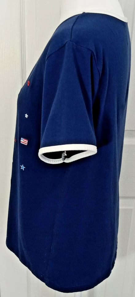 Camiseta Jason Maxwell Mujer M Azul Marino Blanco Borde Patriótico Estrellas Rayas Elástica Foto 3 de 4