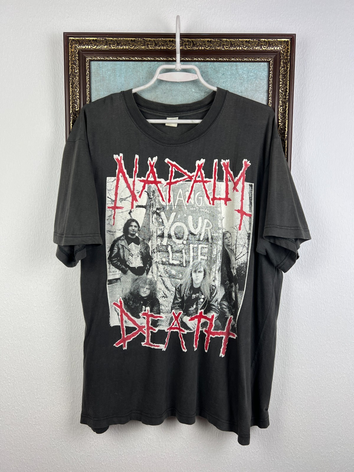Vintage 90's Over Print Napalm Death Black Metal Shirt Tee Band Grindcore Size L