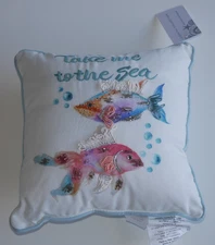 Coastal Collection Beaded Fish Accent TAKE ME TO THE SEA Beach 12" Pillow NWT