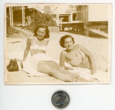 Old 1940's photo / SWIMSUITS - Girlfriends on the Beach - Faded Sepia Sorta Tone