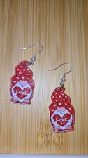 Handcrafted Red Glitter Gnome Love Dangle Earrings Acrylic Silver Tone