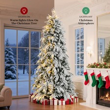 8ft Slim Flocked Artificial Christmas Tree Pre-lit w/ 350Warm White LED Lights