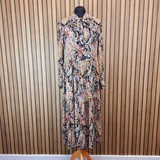 Superdry Dress Gold Black Brown Metallic UK 12 Midi Long Sleeve Tie Neck Flare