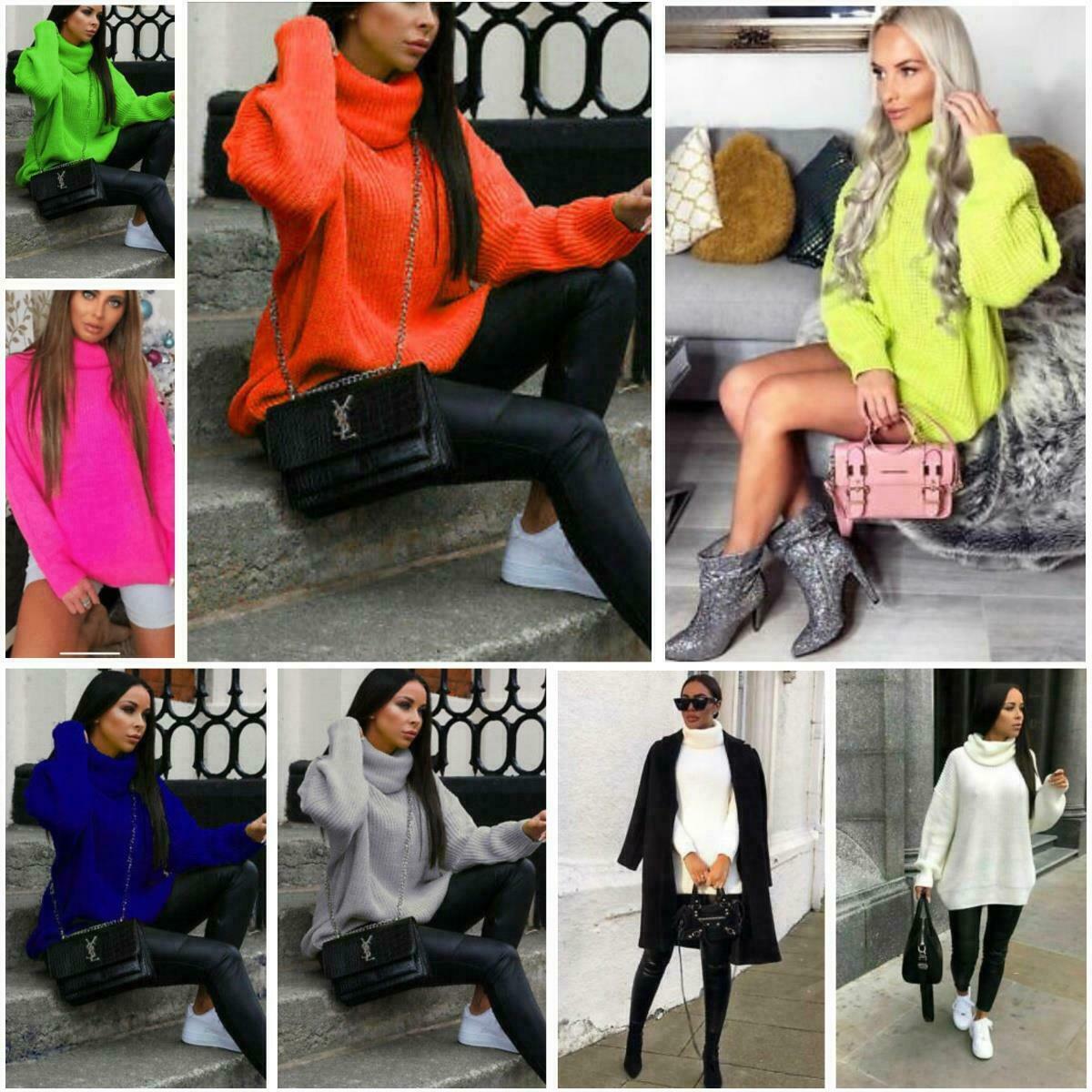 Womens Ladies Knitted Chunky High Neck Polo Jumper Dress Sweater Long ...