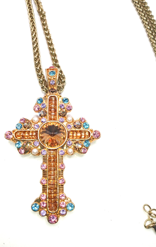 Vtg Gold Tone Lovely Multi Color Rhinestone Rivoli Cross w Unique Rope ...
