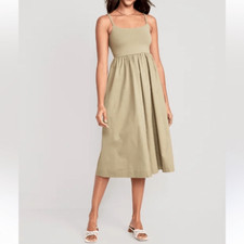 Old Navy tan beige spaghetti strap Fit & Flare cotton Midi vacation sun dress L