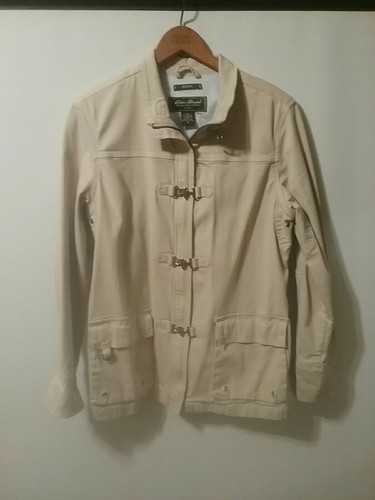 Damenjacke Eddie Bauer Gr. M Khaki Denim Style Stretch Matrose Schnalle Gefüttert
