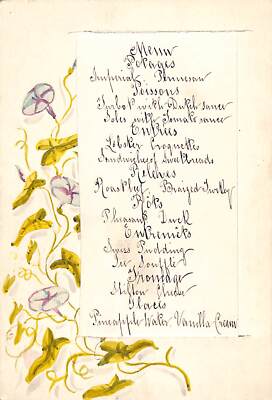 Hand-Written c1920s Menu Card w/ Original Floral Watercolor