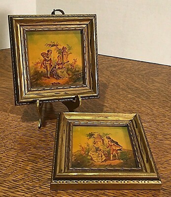 Two Miniature Paintings on Porcelain Tiles in Gold Frames
