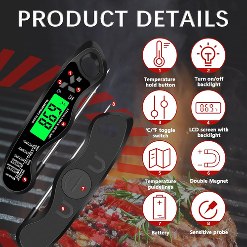 Kochthermometer, IP67 Wasserdicht Digital Fleischthermometer mit Hintergrundbeleuchtung, Cal - Bild 3 von 13
