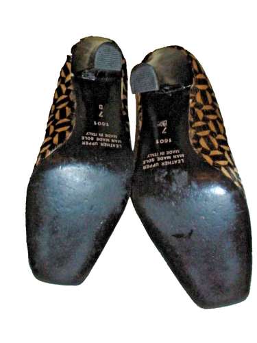 MASSIMO BALDI BROWN /TAN COW-HAIR LEATHER / BLK PATENT TRIM MULES Pumps HEELS 7D - Picture 9 of 11