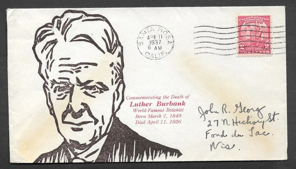 Hand drawn Arbor Day Stamp 1937 Luther Burbank Sana Rosa U.S.S. Blackhawk Cover - Image 2 of 2