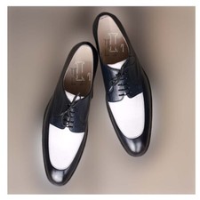 Handmade Men's White & Navy Blue Round Toe Pure Leather Lace Up Shoes, Sale !!!