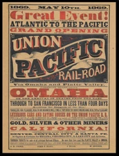 1869 Union PacificTranscont. Railroad Poster Reprint On 100 Year Old Paper *P008