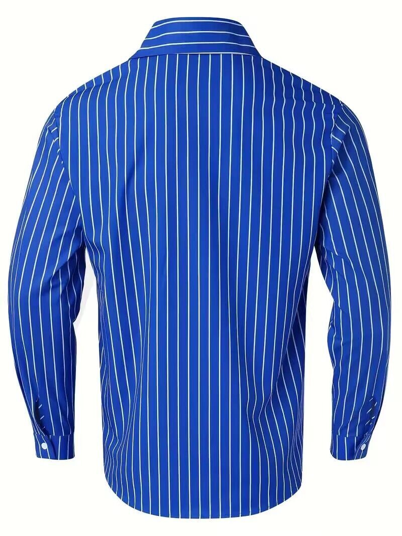 Button Up Shirt Men Blue White Stripe Contrast Graphic Long Sleeve Fashion  Dress | eBay