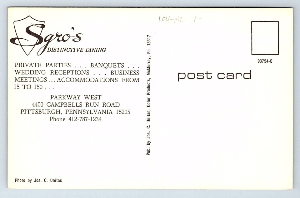 Postcard Sgro's Distinctive Dining Pittsburgh Pennsylvania PA Campbells