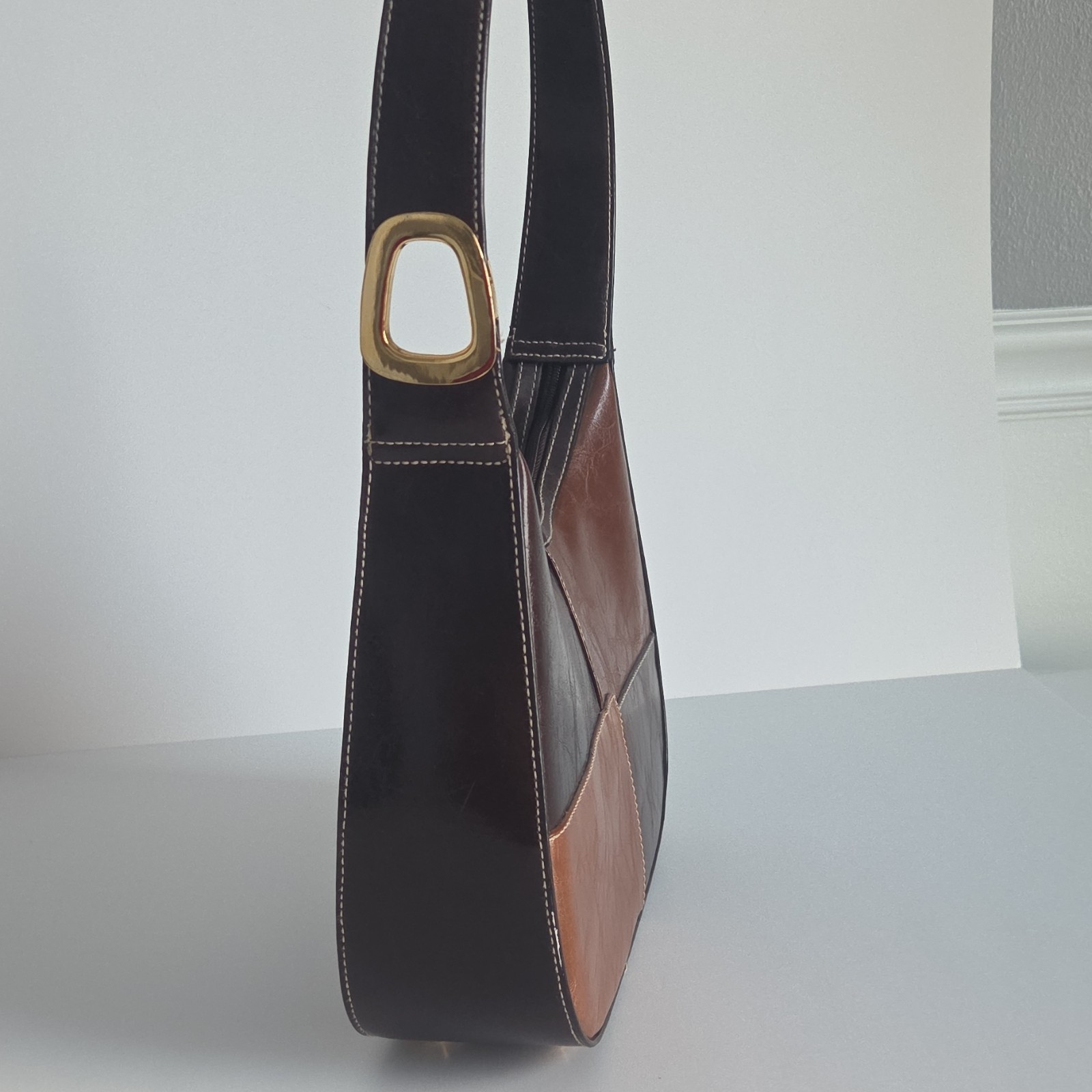 Brown Patchwork Shoulder Bag with Gold Hardware &… - image 2