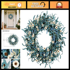 24" Blue Daisy Flower Wreath - Spring Summer Floral Decor with Eucalyptus  Lave