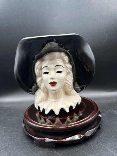 Haeger Pottery Lady Head Vase white Vintage 1950s  Black wide brim hat