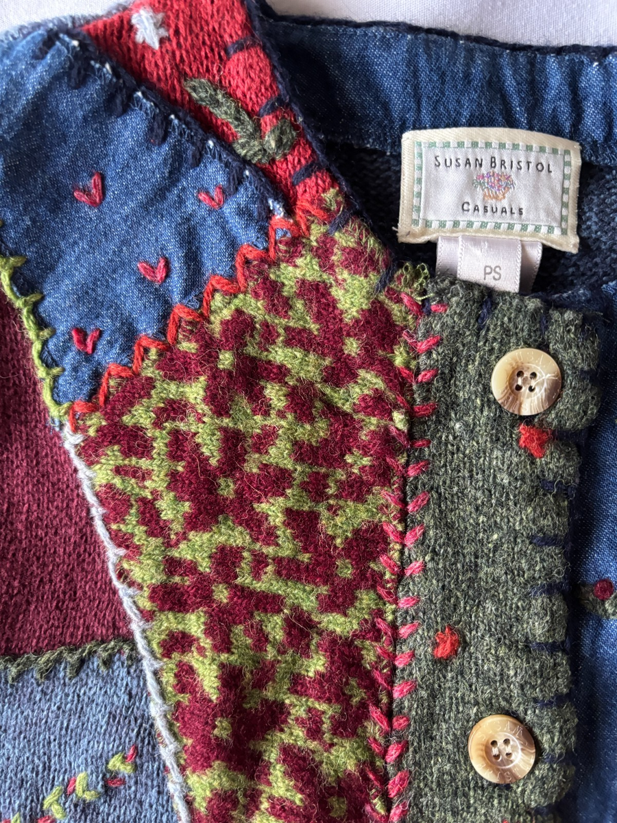 Susan Bristol Patchwork Vest PS Colorful Knit with Denim Patches