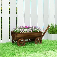 Wooden Wagon Planter Box, Mobile Garden Planter with 4 Wheels